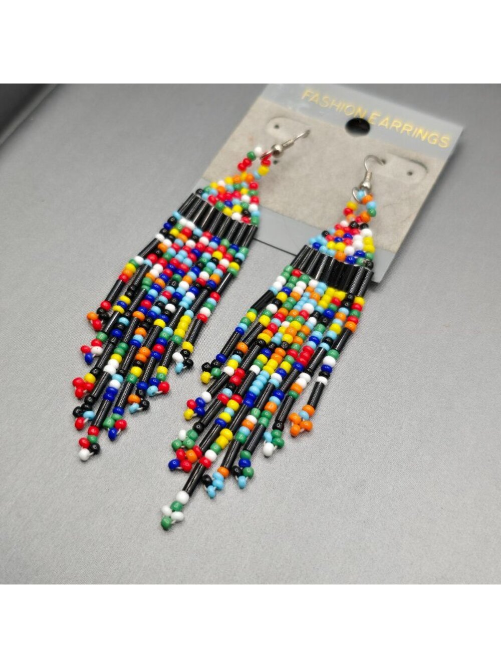 Vintage Southwestern Beaded Fringe Chandelier Boho Earrings 3.75"